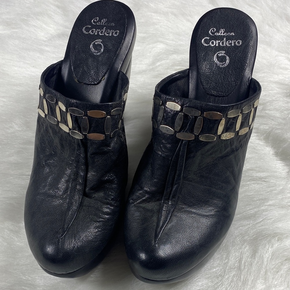 Calleen Cordero Distressed Leather Mule Clog Metallic Platform Wooden Heel